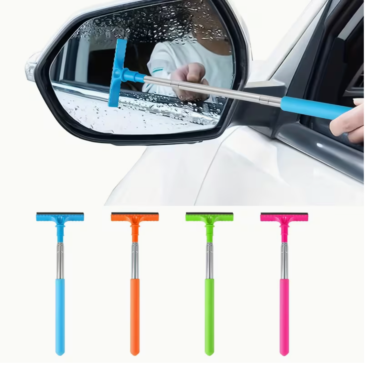 Portable Rearview Mirror Water Scraper with Extendable Cleaning Brush