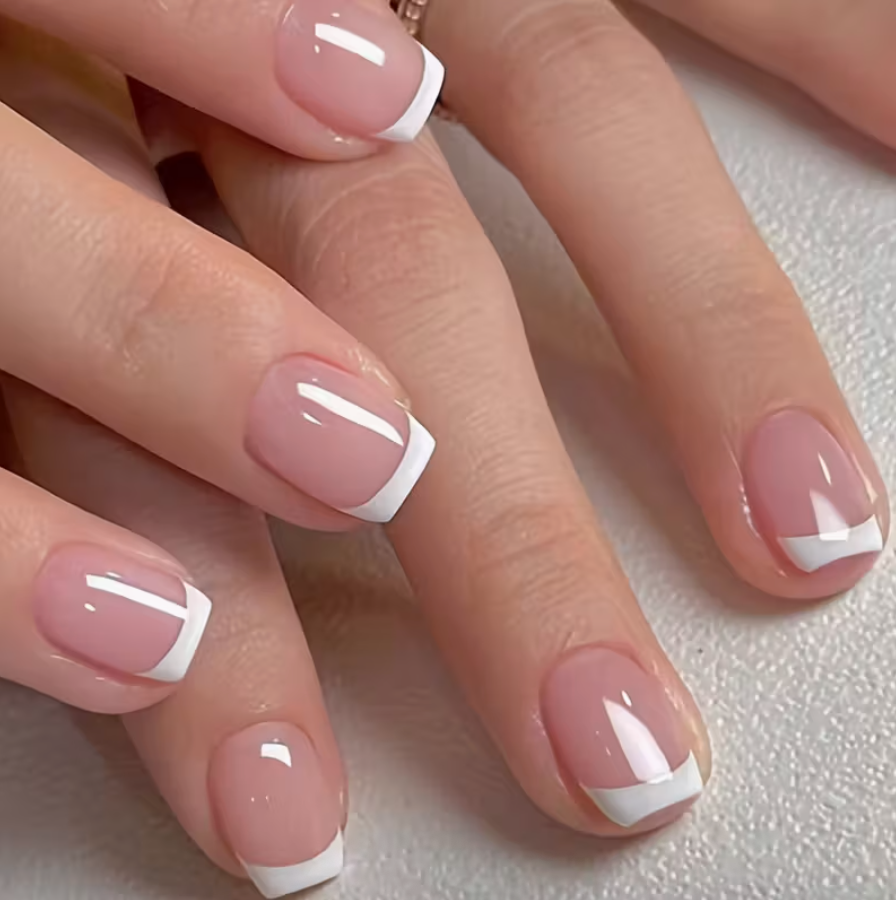 24PCS Glossy Short Coffin Press-On Nails – Reusable Pink & White Nail Set