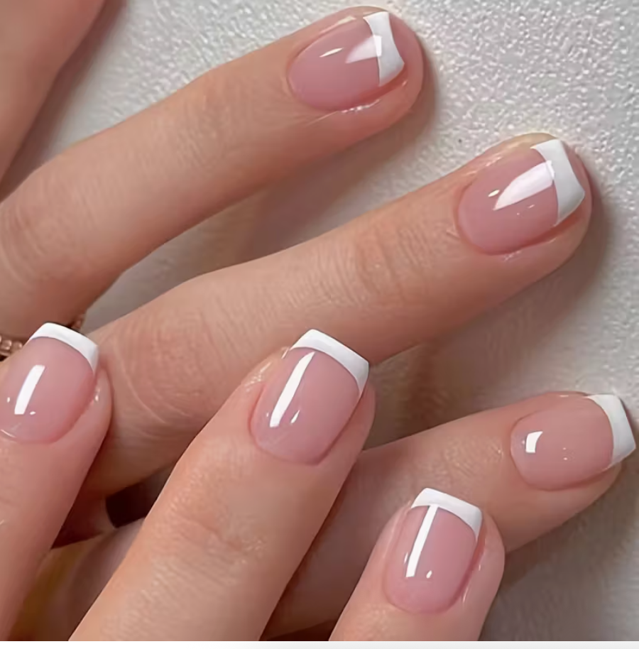 24PCS Glossy Short Coffin Press-On Nails – Reusable Pink & White Nail Set