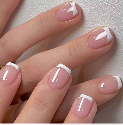 24PCS Glossy Short Coffin Press-On Nails – Reusable Pink & White Nail Set
