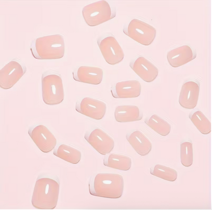 24PCS Glossy Short Coffin Press-On Nails – Reusable Pink & White Nail Set