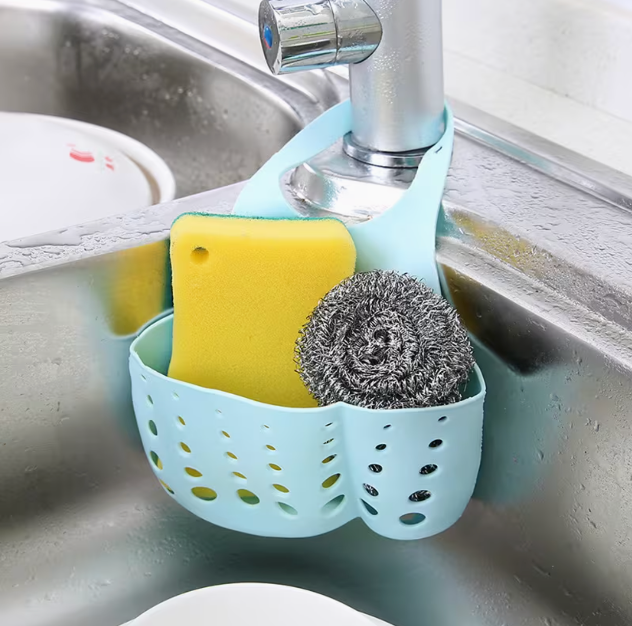 Adjustable Sink Organizer Draining Basket with Hooks for Kitchen