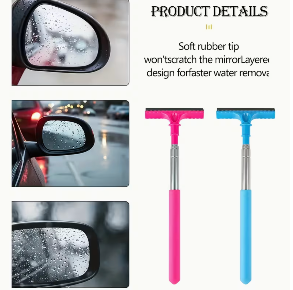 Portable Rearview Mirror Water Scraper with Extendable Cleaning Brush